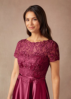 Azazie Adina Mother of the Bride Dresses Burgundy A-Line Lace Metallic Satin Dress image6