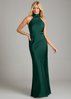 Azazie Velli Bridesmaid Dresses Emerald Mermaid High Neck Stretch Satin Dress image9