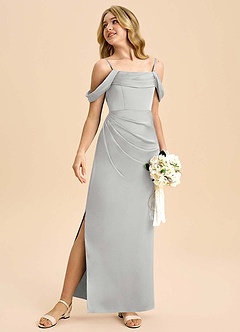 Azazie Saige Junior Robe Fourreau en Satin extensible Épaule décolletée Argent image5