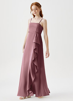 Azazie Kaylee Junior Vintage Mauve A-Line with Belt Stretch Satin Dress image4