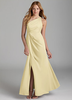 Azazie Mika Junior Robe Trapèze en Satin extensible Plissée Agave image1