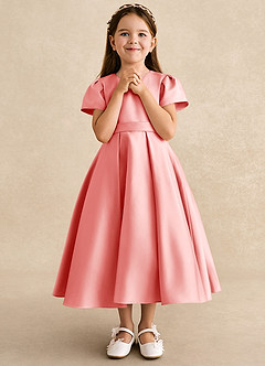 Azazie Princess Flower Girl Dresses Coral A-Line Pleated Matte Satin Dress image4