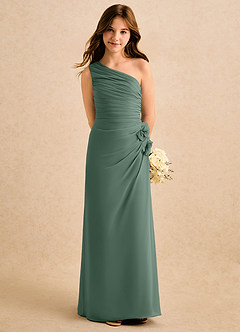 Azazie Sophie Girls Formal Robe Demoiselle D'honneur Fillette Robe Fourreau en Mousseline de soie Une épaule Eucalyptus image5