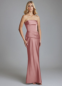 Azazie Lenya Abiti da Damigella Abito Tubino in Raso Elasticizzato Plissettato Rosa Polverosa image5