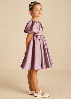 Azazie Muffin Flower Girl Dresses Dusty Rose A-Line with Sleeves Matte Satin Dress image3