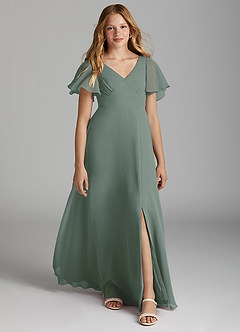 Azazie Kimber Junior A-Linie Plissee Chiffon Kleid Eukalyptus image1