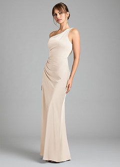 Azazie Madelyn Vestidos de damas de honor Vestido de Alabastro Blanco de Satén Elástico de Corte Sirena Convertible con Hombro unilateral image6