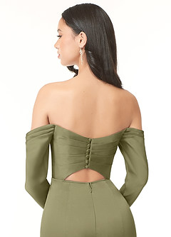 Azazie Hallie Vestidos de damas de honor Vestido de Pistacho de Satén Elástico de Corte Recto Convertible con Manga larga con hombros descubiertos image7