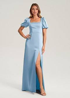 Azazie Fyona Bridesmaid Dresses Powder Blue A-Line Pleated Stretch Satin Dress image7