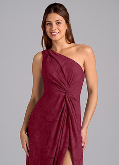 Azazie Brooke Bridesmaid Dresses Burgundy A-Line One Shoulder Floral Burnout Dress image6