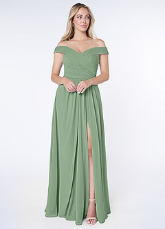 Azazie Audrianna Vestidos de damas de honor Vestido de Matcha de Gasa de Corte en A Convertible con Hombros descubiertos image1
