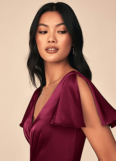 Azazie Soren Bridesmaid Dresses Burgundy A-Line Pleated Stretch Satin Dress image9