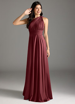 Azazie Charlize Robes de demoiselle d'honneur Robe Trapèze en Satin extensible Asymétrique Merlot image1