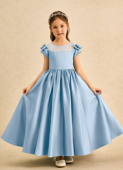 Azazie Toffee Abiti da Ragazza di Fiori Abito Stile Principessa in Raso Opaco Fiocco Azzurro Polvere image2