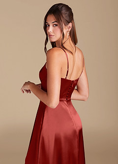 Azazie Halsey Bridesmaid Dresses Rust A-Line Side Slit Metallic Satin Dress image2