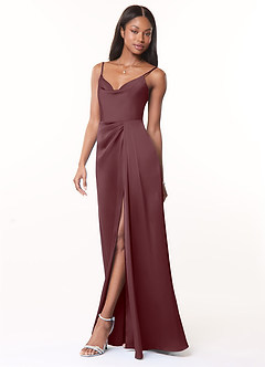 Azazie Brielle Bridesmaid Dresses Sangria A-Line Cowl Spaghetti Straps Stretch Satin Dress image3