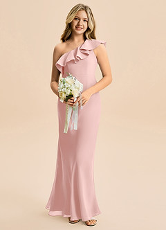 Azazie Alissa Junior Powder Pink A-Line Ruched Chiffon Dress image4