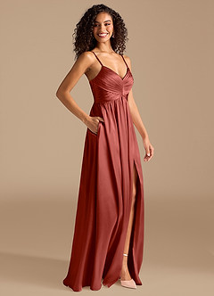 Azazie Alia Bridesmaid Dresses Terracotta A-Line Pleated Metallic Satin Dress image5