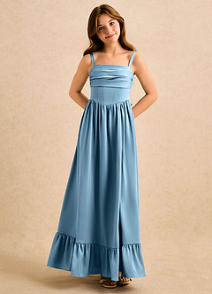 Azazie Maisie Girls Formal Robe Demoiselle D'honneur Fillette Robe Trapèze en Satin extensible Rayé Acier Bleuté image4
