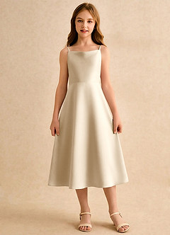 Azazie Jaella Girls Formal Blomsterpigekjoler A-Line Plisseret Mat satin Te-længde Kjole image3