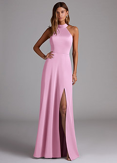 Azazie Myra Brautjungfernkleider A-Linie Hoher Kragen Stretch-Satin Kleid Bonbonrosa image1