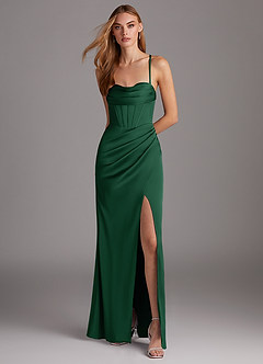 Azazie Brookelle Bridesmaid Dresses Dark Green Sheath Sweetheart Corset Stretch Satin Dress image2