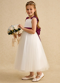 Azazie Lilli Flower Girl Dresses Ivory Mulberry A-Line Bow Tulle Dress image3