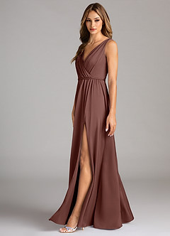 Azazie Tanicia Bridesmaid Dresses Espresso A-Line Pleated Stretch Satin Dress image5