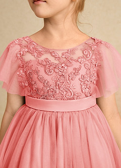 Azazie Queenie Robe Demoiselle D'honneur Fillette Robe Trapèze en Dentelle Corail image4