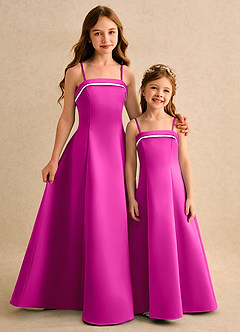 Azazie Izel Girls Formal Robe Demoiselle D'honneur Fillette Robe Trapèze en Mat Satiné Plissée Ivoire Fuchsia image2