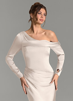 Azazie Sandra Bridesmaid Dresses White Alabaster Mermaid Long Sleeve Stretch Satin Dress image7