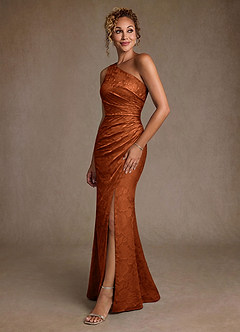 Azazie Joylin Mother of the Bride Dresses Burnt Orange Trumpet One Shoulder Floral Burnout Dress image3