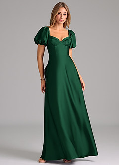 Azazie Fatima Bridesmaid Dresses Dark Green A-Line Pleated Stretch Satin Dress image1