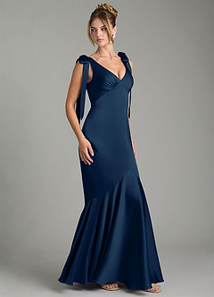 Azazie Alena Bridesmaid Dresses Dark Navy Mermaid Pleated Stretch Satin Dress image3