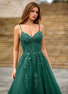 Milliener Dunkelgrün Tüllblumen-Abendkleid image4