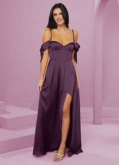 Barbie ♥ Azazie Bridesmaid Dresses Plum A-Line Off the Shoulder Stretch Satin Dress image13