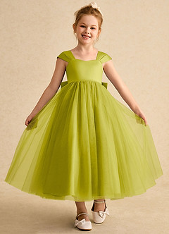 Azazie Chickadee vestidos de niña de las flores Vestido de Hierba De Limón de Satin Mate de Corte Princesa con Escote de Corazón image4