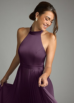 Azazie Zienna 신부 들러리 드레스 A라인 주름진 스트레치 새틴 바닥 길이 드레스 image6