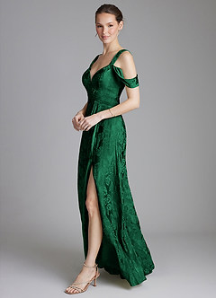 Azazie Emoria Bridesmaid Dresses Evergreen Jacquard A-Line Off the Shoulder Jacquard Dress image7