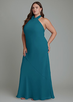 Azazie Velli Robes de demoiselle d'honneur Robe Sirène en Mousseline de soie Col haut Bleu Encre image12