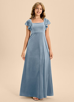 Azazie Bondi Junior Dusty Blue A-Line Bow Velvet Dress image5