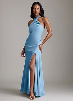 Azazie Lorena Vestidos de damas de honor Vestido de Azul Acero de Gasa de Corte Sirena con Plisado image4