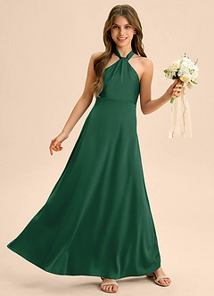 Azazie Beah Junior Robe Trapèze en Satin extensible Plissée Vert Foncé image5