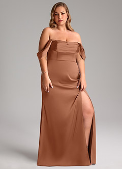Azazie Saige Jurken voor bruidsmeisjes Jurk van Stretch Satijn met Kolom Off the Shoulder Bronzeertint image13