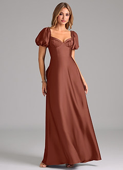 Azazie Fatima Robes de demoiselle d'honneur Robe Trapèze en Satin extensible Plissée Auburn image1