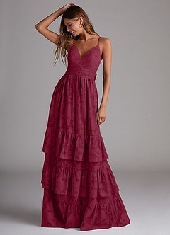 Azazie Nathalia Bridesmaid Dresses Burgundy A-Line Bow Floral Burnout Dress image1