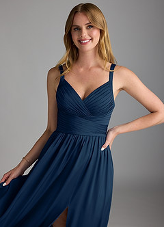 Azazie Chanel Vestidos de damas de honor Vestido de Azul Marino Oscuro de Satén Elástico de Corte en A con Plisado image3