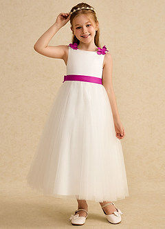 Azazie Lilli Flower Girl Dresses Ivory Fuchsia A-Line Bow Tulle Dress image5