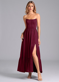 Azazie Leilana Bridesmaid Dresses Mulberry A-Line Corset Stretch Satin Dress image3