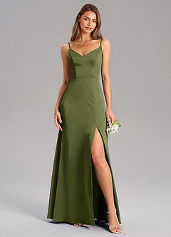Azazie Talina Bridesmaid Dresses Olive A-Line Stretch Satin Dress image5